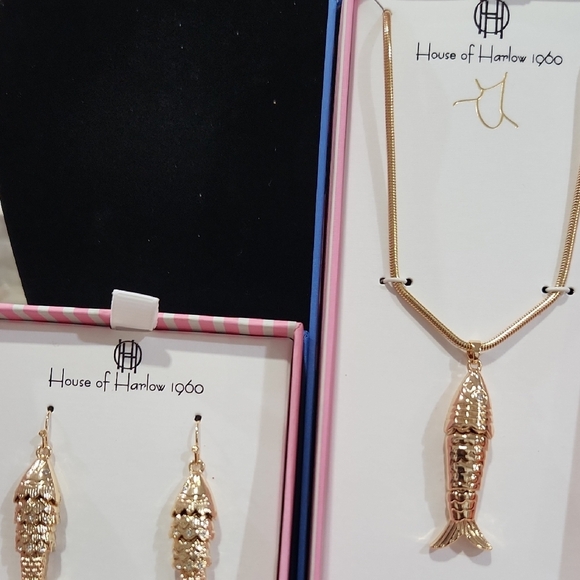 🔹️House of Harlow🔹️1960 Gold Sardine Fish Necklace and Earrings Set Bundle - Picture 5 of 5